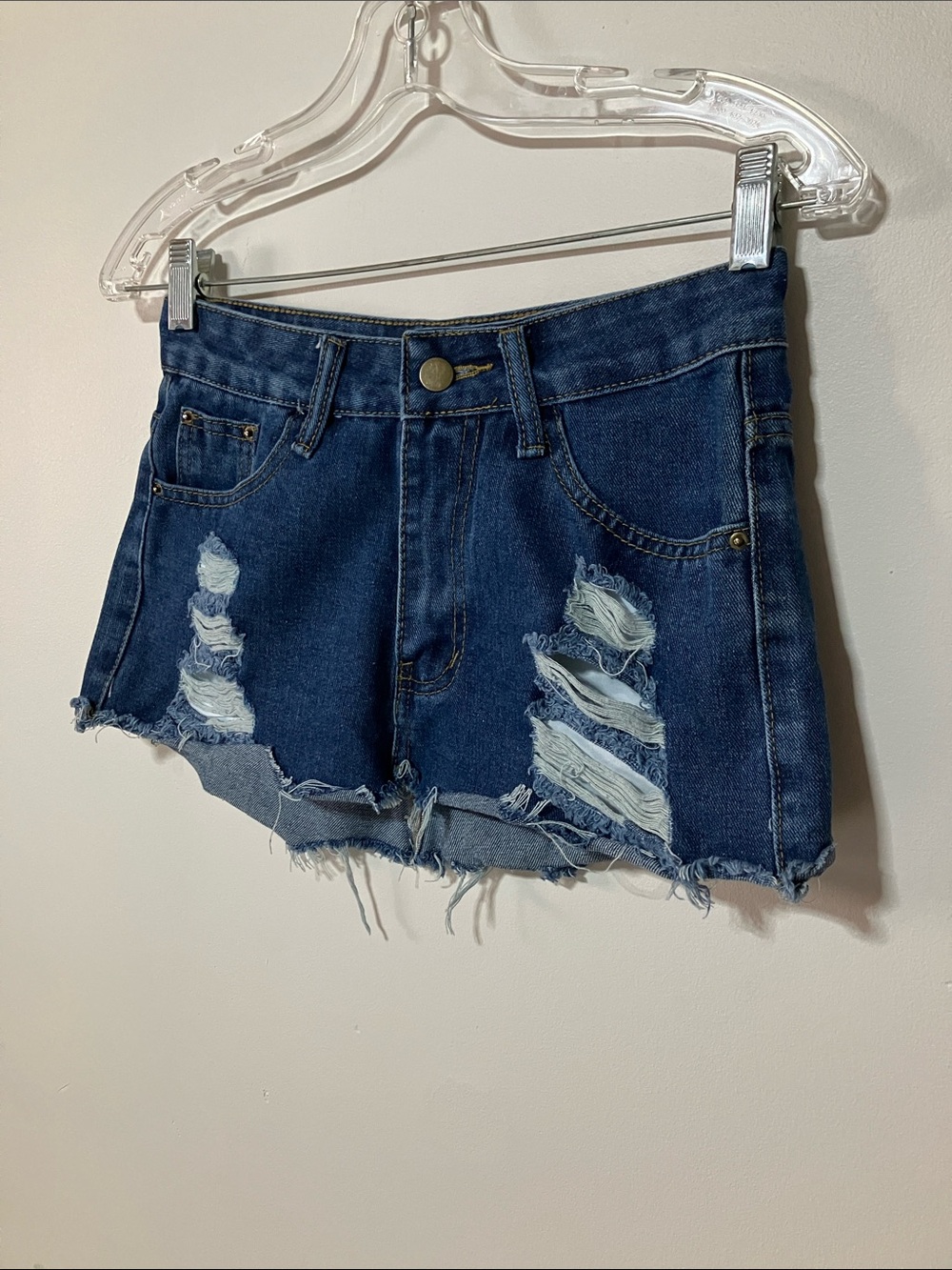 Y2K Dark Wash Mini Denim Jean Skirt Distressed Raw Hem Festival Grunge Size 26